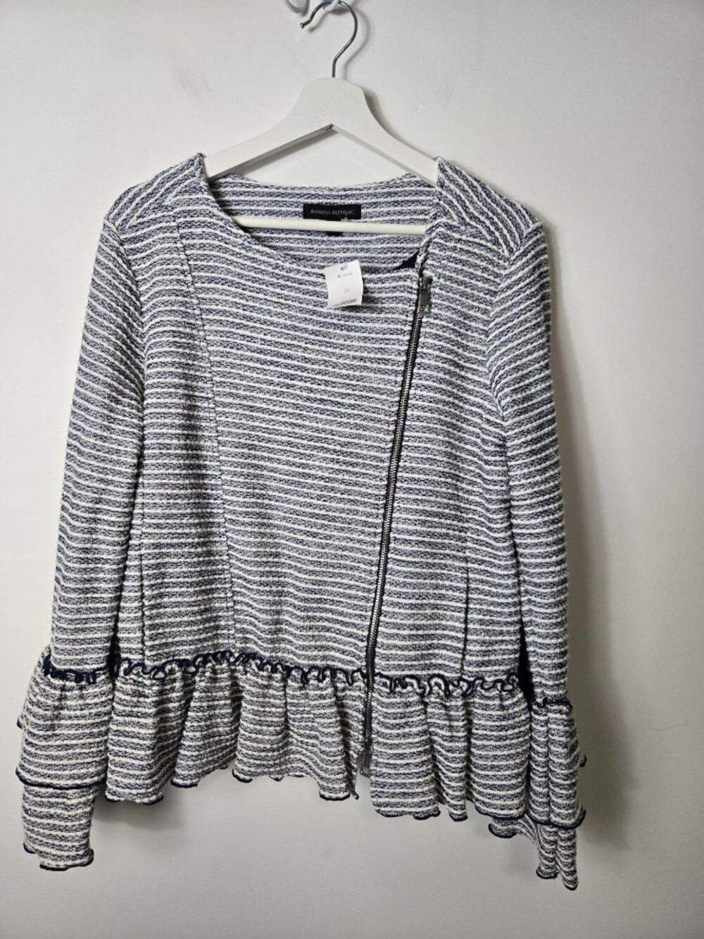 Banana Republic Size 12 Ruffle-Sleeve Boucle Jacket Cerulean Asymmetrical Zip NE